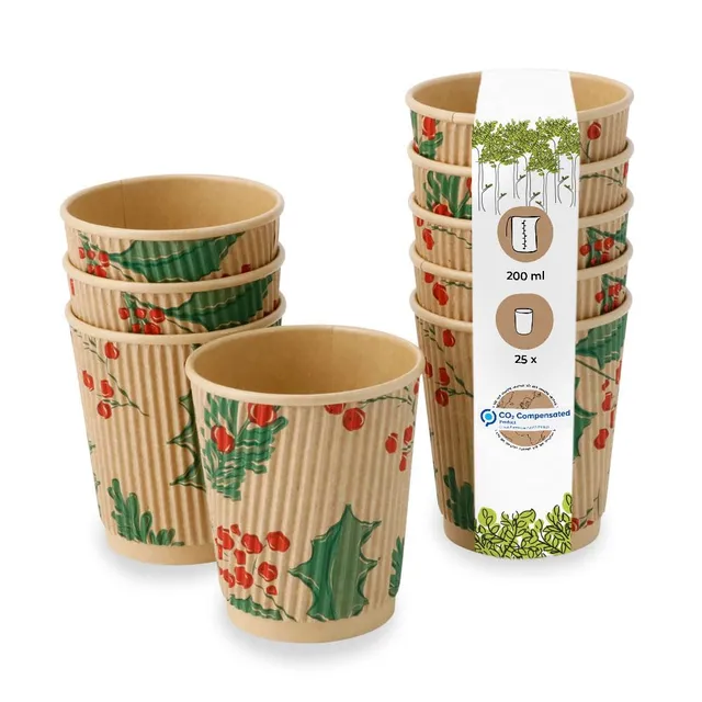 biozoyg-riffelbecher-200-ml-8-oz-wintermotiv-zweige-25-st-ck-kaffeebecher-to-go image 1